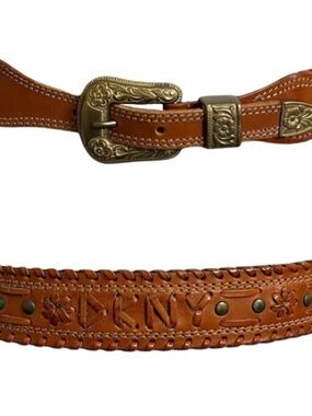 Vintage DKNY Western Leather Belt Whipstitch Boho Y2K Floral Buckle